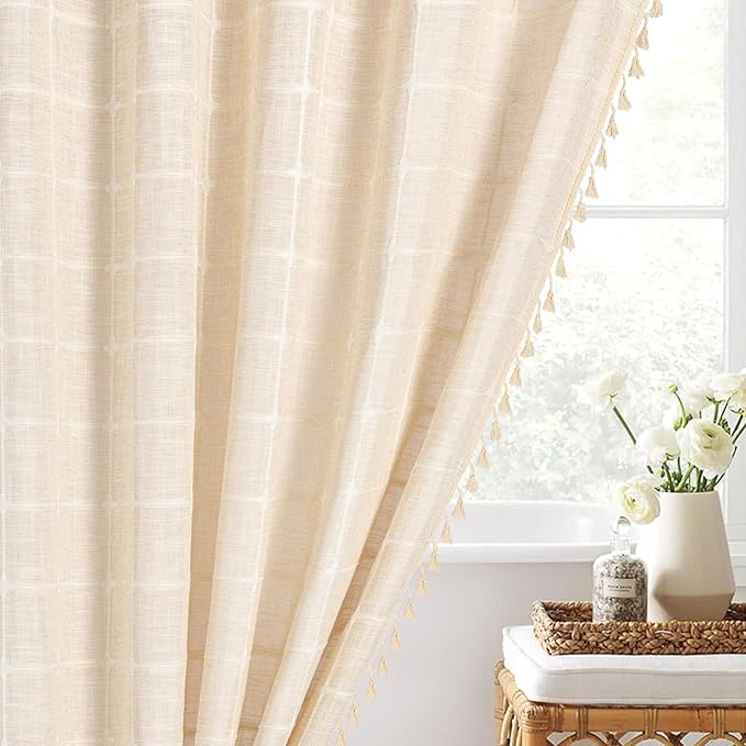 MitoVilla Beige Boho Shower Curtains for Modern Farmhouse Bathroom Decor, Cream Vintage Country Thick Polyester Linen Fabric Shower Curtain, Rustic Tassel Cloth Shower Curtain, 72 x 72