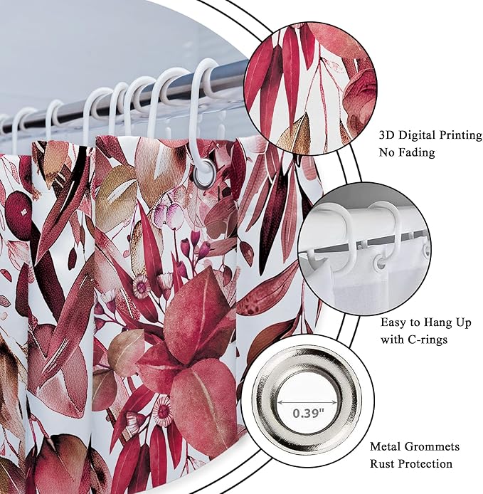 Riyidecor Burgundy Eucalyptus Leaves Shower Curtain for Bathroom Decor 72Wx72H Red Leaf Plants Botanical Leaf Floral Spring Herbs Art Printed Fabric Polyester Waterproof 12 Pack Plastic