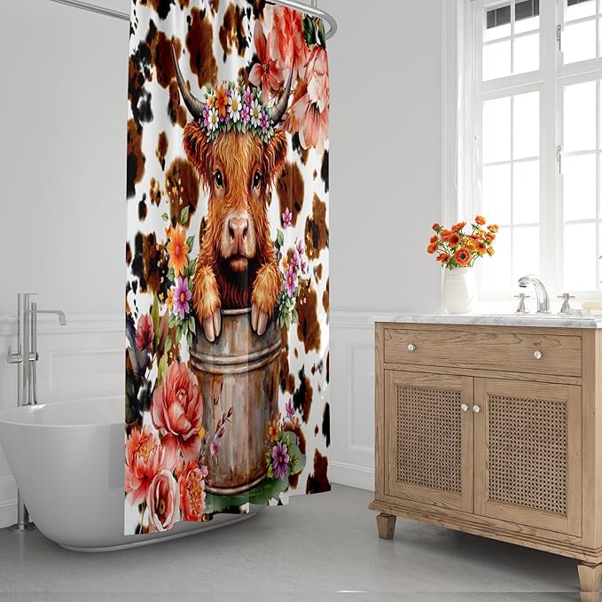 Pamnest 4 Pcs Shower Curtain Sets, Highland Calf Abstract Paw Waterproof Bathroom Sets with Non-Slip Rugs, Toilet Lid Cover and Bath Mat, Accessories Modern Home Bathroom Decor 72" X 72"