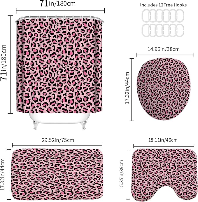 4 PCS Leopard Shower Curtain Cheetah Print Shower Curtain Sets Non Slip Bathroom Rugs Soft Plush Bath Mat Toilet Lid Cover Animal Print Shower Curtains with 12 Hooks for Bathroom Tub, Pink