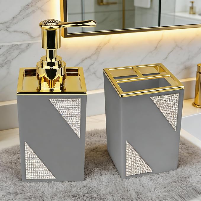 Bathroom Accessories Set, Square 2-Piece Gray Soap Dispenser & Toothbrush Holder with Sparkling Inlaid Diamonds, Modern Geometric Vanity Set