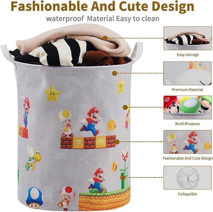 Super Storage Basket,Baby Laundry Large Hamper,Waterproof Nursery Bedroom Decor,Brothers Dirty Clothes Basket for Kids,Boys and Girls Birthday Gift Bag Bathroom Set Toy Bin(Grey,Round)