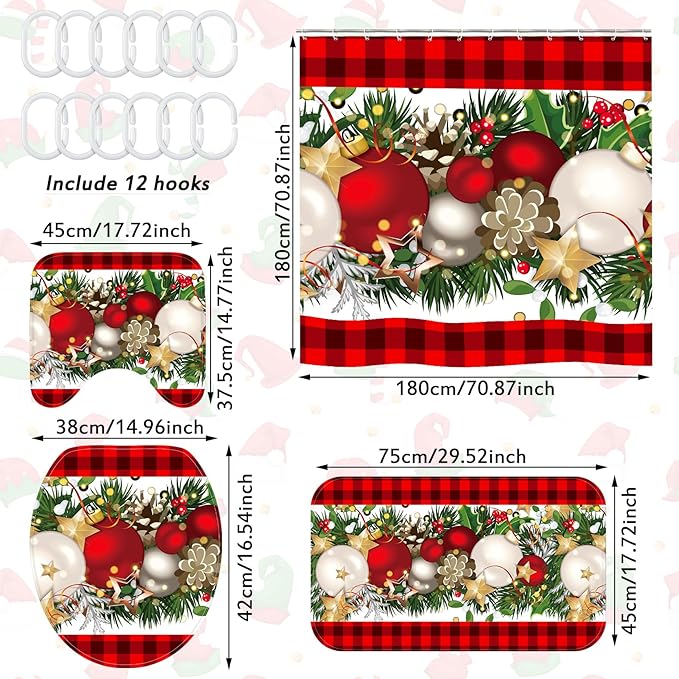 Drydiet 4 Pcs Christmas Bathroom Sets Christmas Ball Shower Curtain Set with Non Slip Rug Toilet Lid Cover Bath Mat with 12 Hooks Red Black Buffalo Check Plaid Xmas Bathroom Shower Decor 71 x 71 Inch