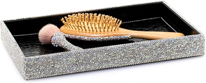 TISHAA Bling Decorative Tray Holder – Makeup Cosmetic Jewelry Ring Key Display Dish Plate Storage Organizer Crystal Rhinestone Glitter Vanity Bathroom Bedroom Home Decor (White)