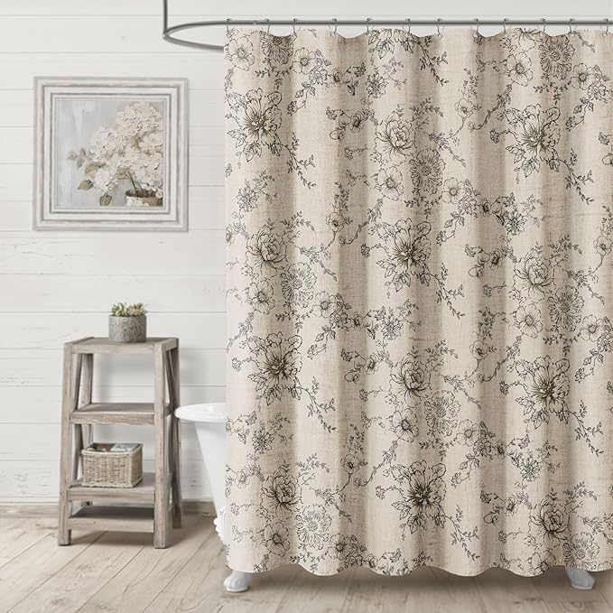 Farmhouse Floral Vintage Shower Curtain, Black Linen Spring Pattern Shower Curtains for Bathroom, Tan Taupe,72x72