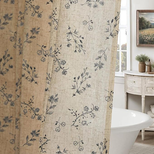 Black Floral Vintage Linen Shower Curtain, French Country Shower Curtains for Bathroom, 54Wx72H