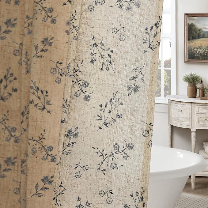 Black Floral Vintage Linen Shower Curtain, French Country Shower Curtains for Bathroom, 72Wx84H