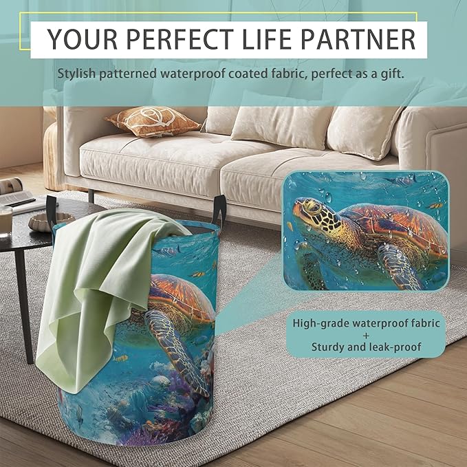 Sea Turtle Round Laundry Hamper Storage Basket Toys Clothes Organizer Bin For Home Bathroom Bedroom Dorm Nursery