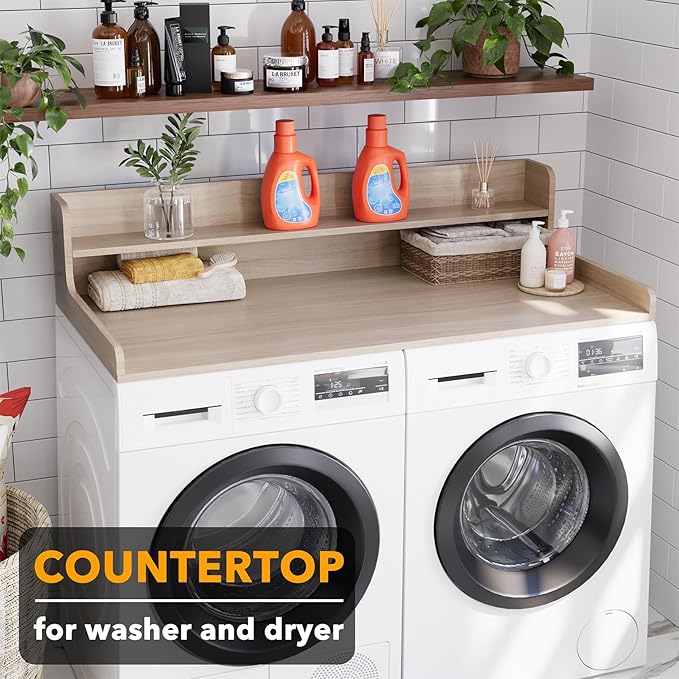 SpaceAid Washer Dryer Countertop with 2-Tier Shelf, Wood Topper with Edge, 54" Width x 27.5" Depth Cover Organizer Guard for Washer and Dryer Counter Laundry Hamper Storage (Oak)