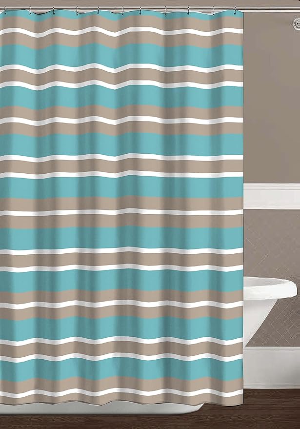 Serafina Home Striped Fabric Shower Curtain, Aqua Brown White Coastal Design, 70 x 72 Inches, with Hooks