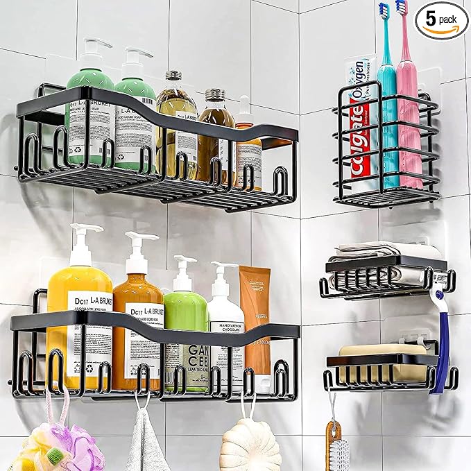 Shower Caddy, Adhesive Bathroom Organizer for Bathroom Storage & Home Decor & Kitchen,No Drilling, Rustproof Stainless Steel Shower Shelves Rack for Inside (5 unit)
