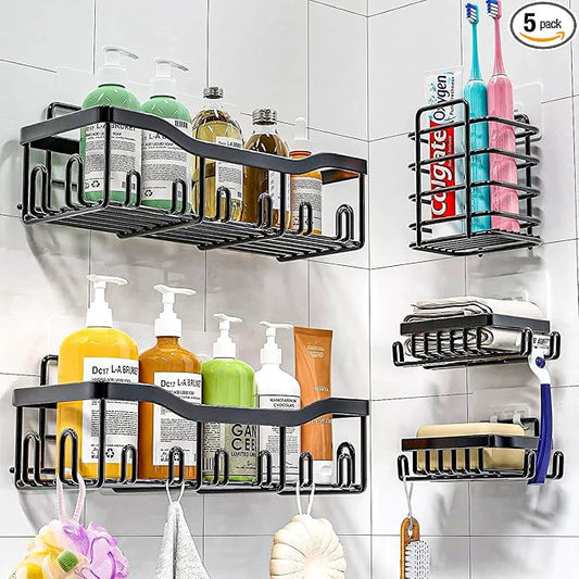 Shower Caddy, Adhesive Bathroom Organizer for Bathroom Storage & Home Decor & Kitchen,No Drilling, Rustproof Stainless Steel Shower Shelves Rack for Inside (5 unit)