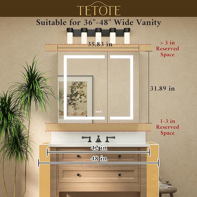 TETOTE 36 x 32 LED Lighted Bathroom Medicine Cabinet with Lights, 2 Door Recessed or Surface Mount Led Mirrored Medicine Cabinet, Tempered Glass, Outlets & USB, Adjustable Shelf, 3-Color Lights