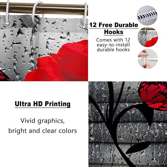 Poedist 4 Pcs Bathroom Set,Red Rose Shower Curtain Sets, Floral Shower Curtain Sets with Rugs(Bath Mat,U Shape and Toilet Lid Cover Mat) and 12 Hooks