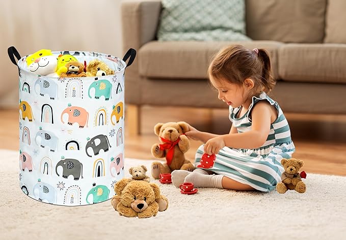 Round Rainbow elephant Pattern Laundry Hamper Clothes Storage Basket Fabric Storage Hamper Organization Storage Bin, Nursery Box,Gift Basket with Handles