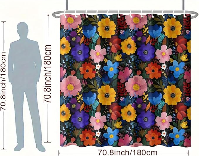 Colorful Floral Shower Curtain 72x72 Inch Bold Bright Flower Print Bathroom Curtain Fabric for Boho or Maximalist Bathroom Decor