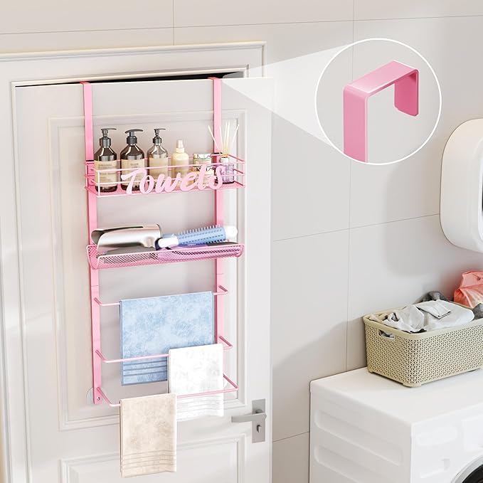 SWTYMIKI SWTYMIKI Over The Door Towel Racks for Bathroom - 5-Tier Wall Mounted Bathroom Towel Storage Organizer Holder with Metal Shelf, Pink