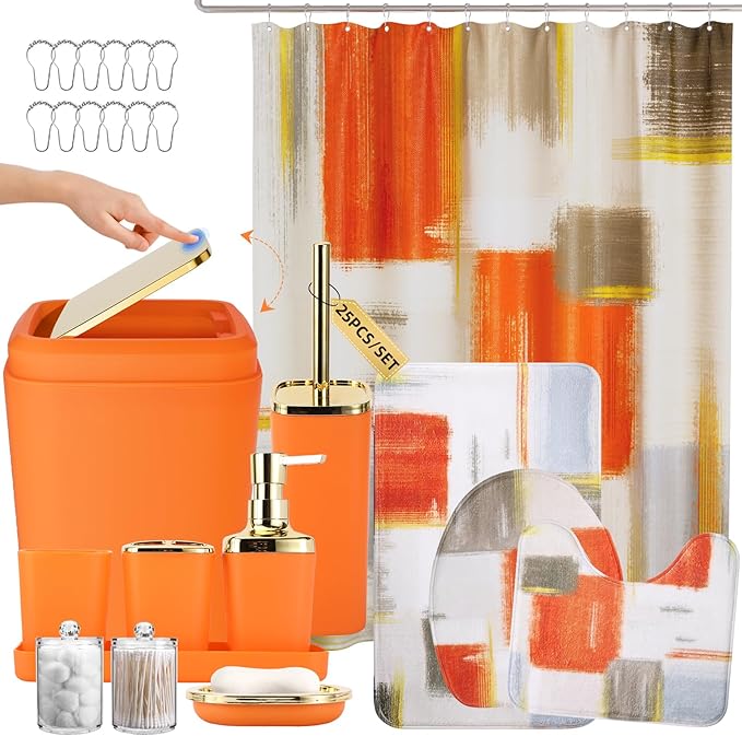 XLHOMO Bathroom Accessories Set - 25PC Bathroom Set with Shower Curtain and Rugs, Orange Bathroom Set, Bathroom Accessory Set with Press-on Lid Trash Can, Soap Dispenser and Qtip Holders