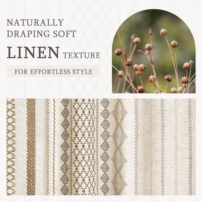 Boho Linen Shower Curtain for Bathroom,with Striped Print and Twine-Inspired Woven Center,Extra Long 72" W x 96" L,Beige