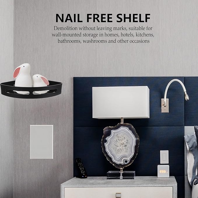 Ipetboom Nail-Free Wall-Mounted Tripod Storage Rack with Hook, Matte Black Space Aluminum Corner Shelf for Bathroom and Kitchen Organization