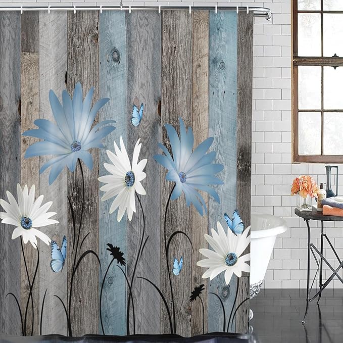 ArtSocket Blue Daisy Flowers Butterfly Bathroom Set with Shower Curtain and Bath Rugs and Accessories,Wooden Boards Non-Slip Shower Curtain Set,Bathroom Decor 3 Pcs