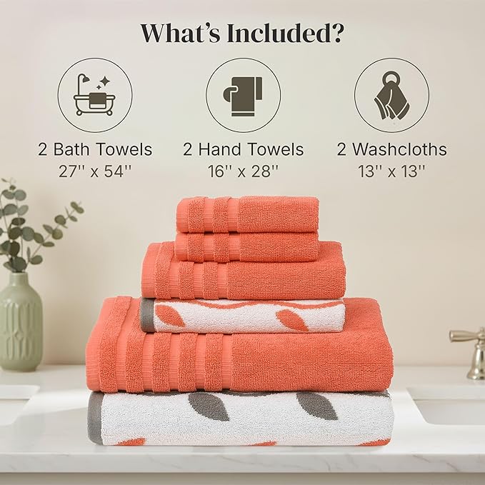 Modern Threads Natural Vine 6-Piece 100% Cotton Towel Set – Yarn Dyed Jacquard – Includes 2 Bath Towels, 2 Hand Towels, 2 Washcloths – Absorbent, Quick Dry, Soft & Durable – Rust Orange