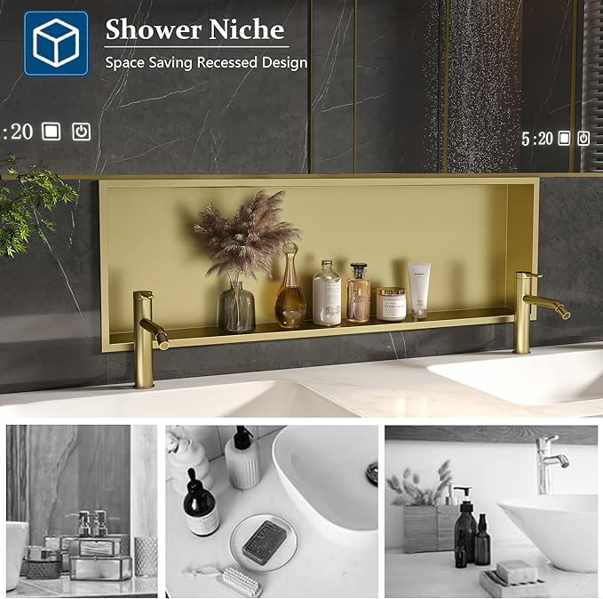 Neodrain Shower Niche, Insert Bathroom Storage Shower Shelf, Stainless Steel Recessed Wall Niche No Tiled Recessed Cabinet Waterproof for Shower Storage(Gold,36"x12")