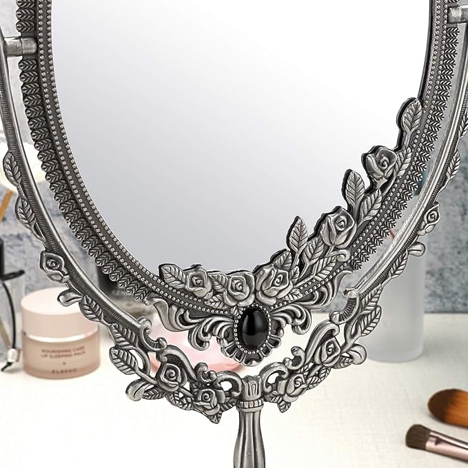 JUXYES Metal Tabletop Antique Decorative Makeup Mirror with Stand, Vintage Swivel Double Sided Cosmetic Mirror with Frame, Retro Desktop Oval Dressing Mirror for Bathroom Bedroom