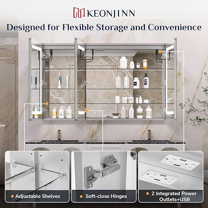 Keonjinn 48 x 32 Inch Lighted Medicine Cabinet for Bathroom with Outlets, Anti-Fog Lighted Medicine Cabinet with Mirror 3 Colors Dimmable, Tempered Glass 2-Side Front Lit Bathroom Mirror with Storage