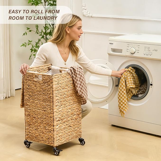 Hand-Woven Laundry Basket with Wheels, Natural Water Hyacinth Laundry Hamper with Lid, Removable & Machine-Washable Liner,Clothes Hamper for Bathroom and Laundry Room(65L,Natural)