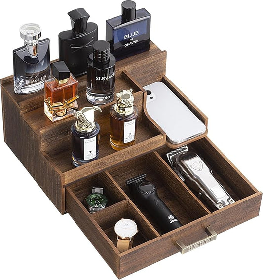 Cologne Organizer for Men, 3 Tier Perfume Display Stand with Drawer and Hidden Compartments, Stylish Wooden Mens Cologne Holder for Dresser Storage, Great Gift for Men/Fathers, Deep Brown