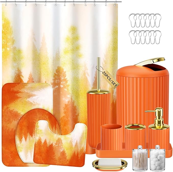 Orange and Gold Bathroom Accessories, Bathroom Sets with Shower Curtain and Rugs, Bath Rugs Accessory Set with Bathroom Trash Can, Soap Dispenser, Soap Dish for Home Decor