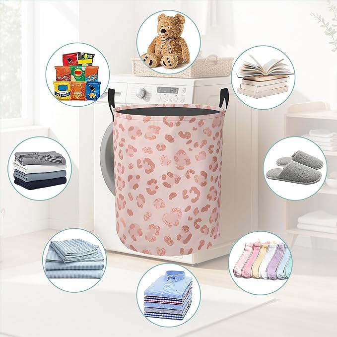 Pink Leopard Print Round Laundry Basket Collapsible Laundry Hamper with Handles Toys Clothes Organizer Bin For Home Bathroom Bedroom Dorm Nursery
