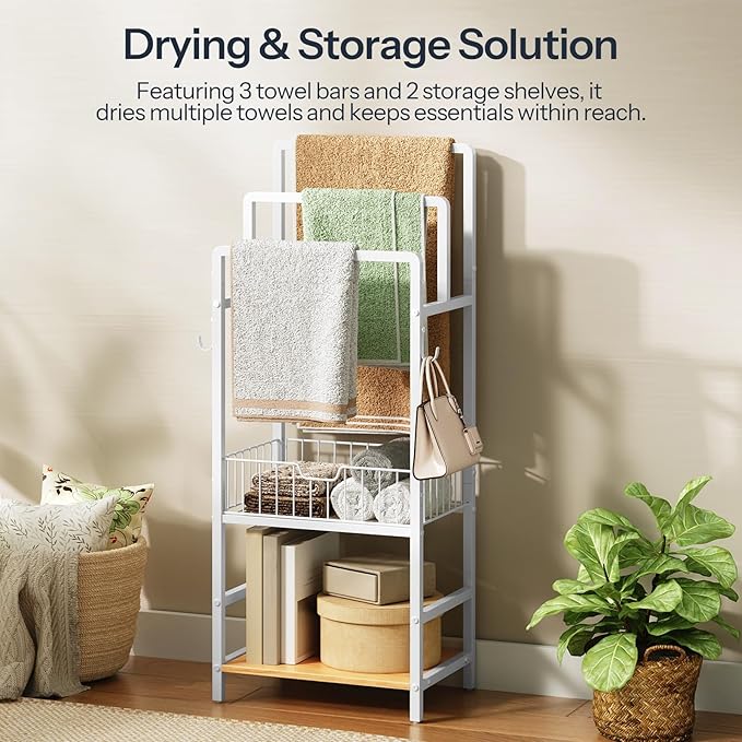 HOOBRO Free Standing Towel Rack, Blanket Rack with 3 Towel Bars, Storage Basket and Shelf, Towel Holder with Hook, Blanket Organizer, for Bathroom and Laundry, White and Natural WN13LB01