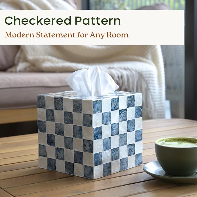 CHI AN HOME 5.7" Square Tissue Box Cover, Handmade Checkered Cube Tissue Box Cover with Capiz Shells, Decorative Tissue Holder for Living Room, Bathroom, Bedroom or Office (Navy Blue)
