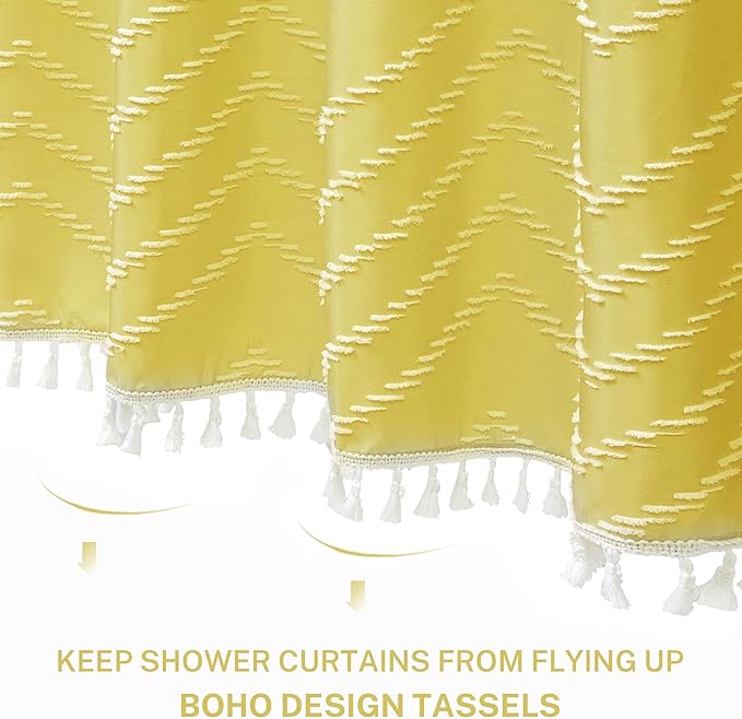 Yellow Boho Shower Curtain with White Tassel - 72 x 72 Modern Farmhouse Textured Tufted Chevron Striped Minimalist Bathroom Shower Curtain