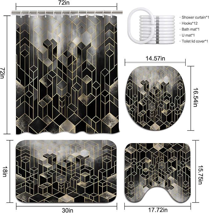Lnond 4Pcs Bathroom Sets with Shower Curtain and Rugs, Black Bathroom Shower Curtain Sets, Black Gradient Modern Bathroom Decor Sets with Rugs and Accessories