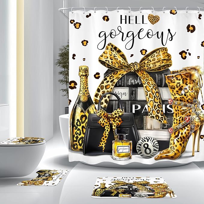 Cinbloo 4Pcs Gold Black Leopard Shower Curtain Set, Luxury Cheetah Bathroom Curtain with Rug, Toilet Lid Cover, Bath Mat, Fashion Magazine Books Perfume High Heels Girly Shower Curtain with 12 Hooks