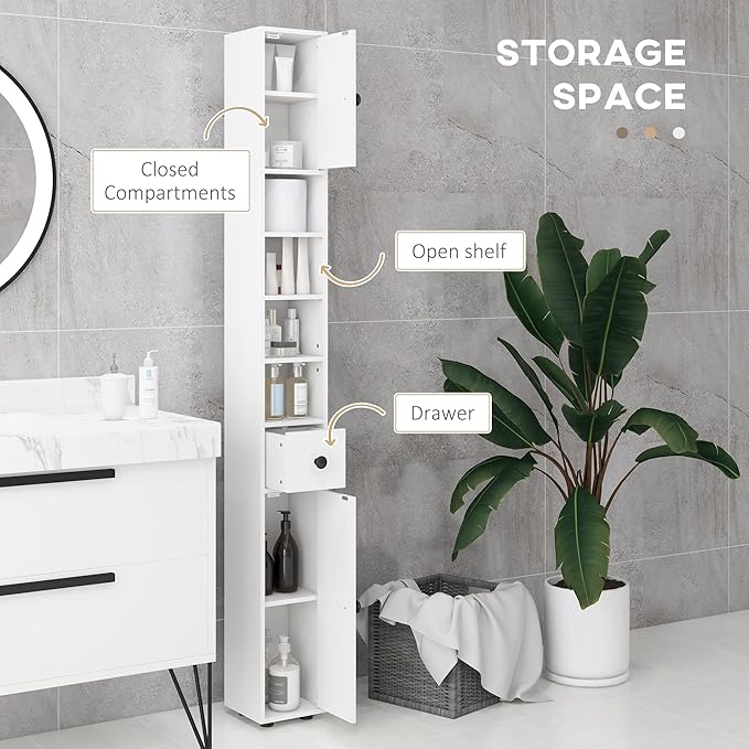 Slim Tall Bathroom Floor Storage Cabinet for Small Bathrooms White