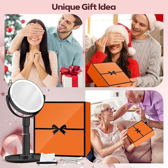 MOMOKUBA Makeup Mirror with Lights, 30X Magnifying & Height Adjustable, Lighted Magnifying Mirror with 3 Light Modes and Stepless Dimming, Vanity Mirrors for Bathroom, Birthday Gift for Women, Black