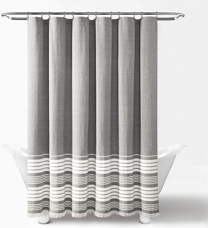 Lush Decor Nantucket Yarn Dyed Cotton Blend Tassel Fringe Shower Curtain Single 72" W x 72" L Gray - Gray Shower Curtains for Bathroom Curtain