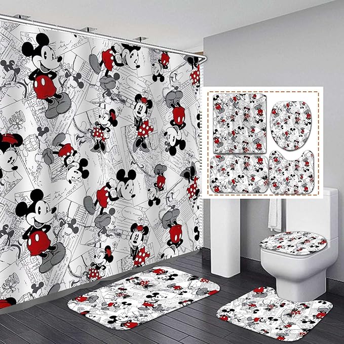 4Pcs Shower Curtain Set with Non-Slip Rugs, Toilet Lid Cover and Bath Mat, Waterproof Polyester Fabric Bathroom Curtain with 12 Hooks, 72 x 72inch1