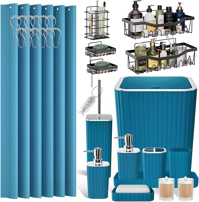 XLHOMO Bathroom Set - 28PC Gorgeous Teal Bathroom Set with Shower Curtain, Bathroom Accessory Set, Bathroom Sets with Shower Caddy