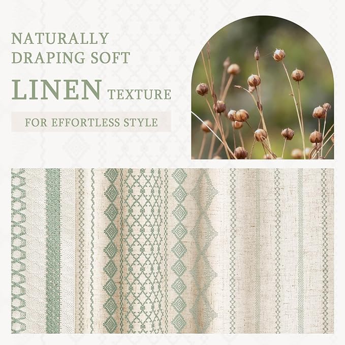 Sage Green Boho Shower Curtain for Bathroom, Linen Striped Print and Twine-Inspired Woven Center,72" W x 72" L