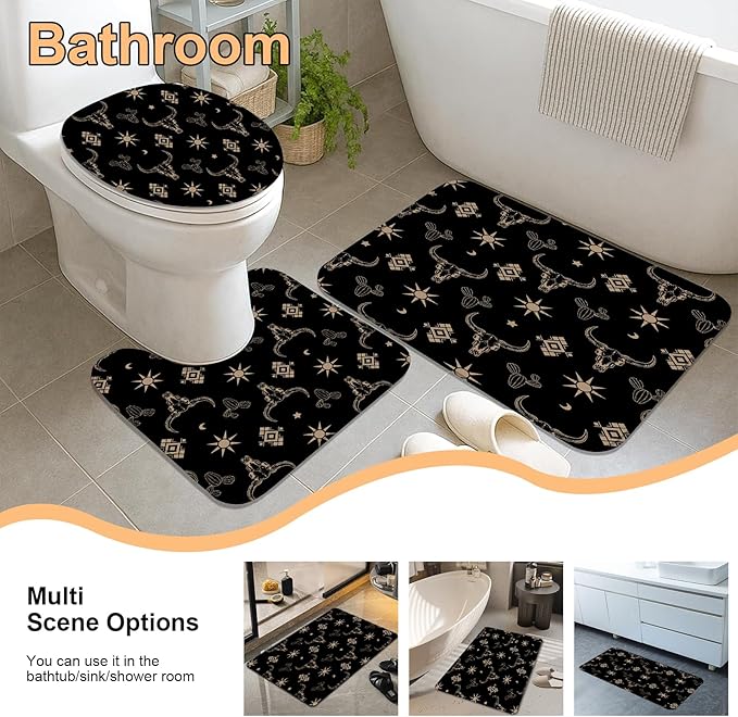 4Pcs Cow Skull Western Shower Curtains for Bathroom Decor Sets with Rugs, Sun and Cactus Farmhouse Shower Curtain for Bathroom, Black Gold Washable Fabric with 12 Hooks, Set de baño completo