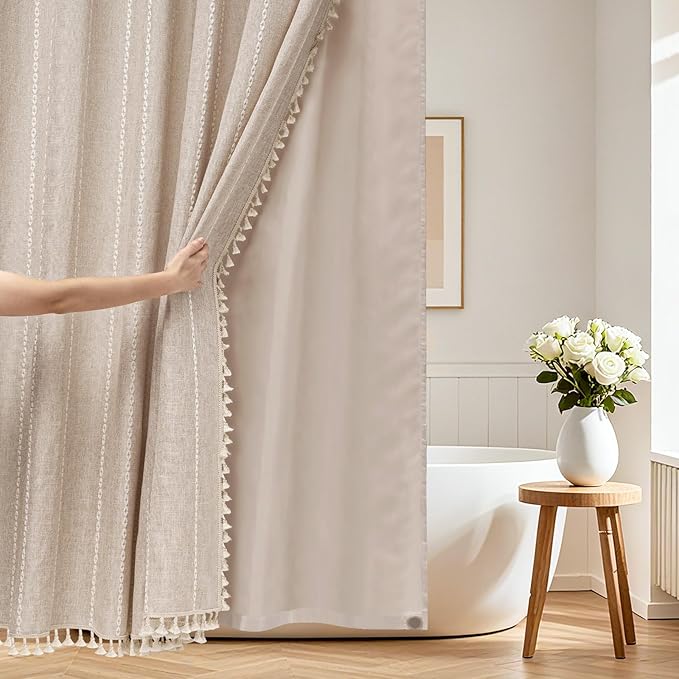Boho Farmhouse Shower Curtain and Fabric Liner Set, Heavyweight Linen Textured Fabric Shower Curtain Taupe with Tassels, 2 in 1 Waterproof Fabric Shower Curtain Set for Bathroom, 72x72 Inch