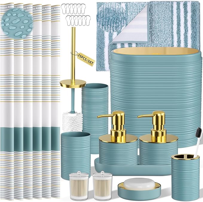 Bathroom Set - Bathroom Sets with Shower Curtain and Rugs, 25PC Bathroom Accessory Set, Light Blue Bathroom Accessories Set with Trash Can, Soap Dispensers