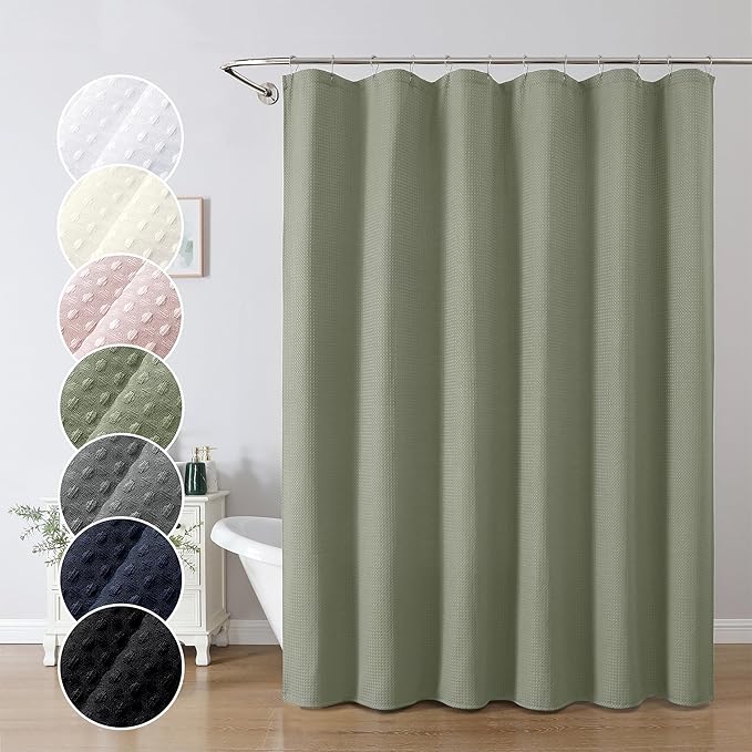 OWENIE Sage Green Waffle Weave Fabric Shower Curtain, Textured Heavy Cloth Shower Curtains for Bathroom, Water Repellent Soft Hotel Spa Luxury Elegant Bath Curtain, Machine Washable, 72x78 Inch