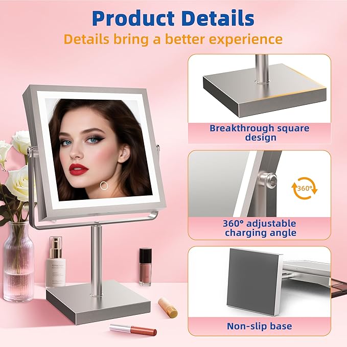 Ruacq Makeup Mirror with Lights, 4000mAh Rechargeable Magnifying Mirror with Light, 1X/10X, Height Adjustable Bathroom Vanity Mirror, 3 Colors, Adjustable Brightness (Brushed Nickel)