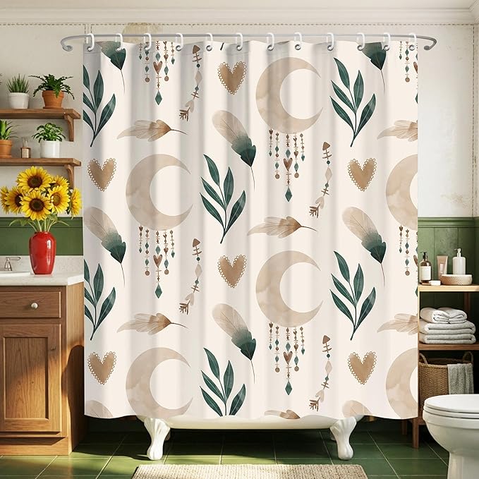 Bohemian Shower Curtains 72x72 Inch,Aesthetic Modern Boho Bathroom Curtain with Leaves and Moon, Neutral Waterproof Polyester Fabric Bath Curtain for Home Bathroom Decor